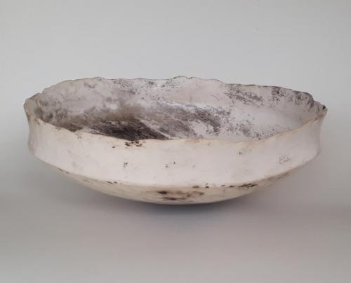 Large white smoke-fired bowl by Karen George.